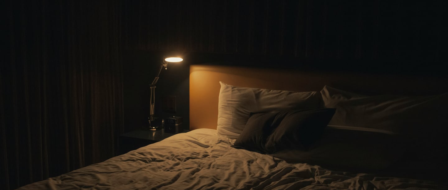 Dunkles Schlafzimmer mit schwacher Beleuchtung durch eine Nachttischlampe, unordentliches Bett – symbolisiert die beklemmende Atmosphäre eines Albtraums.
