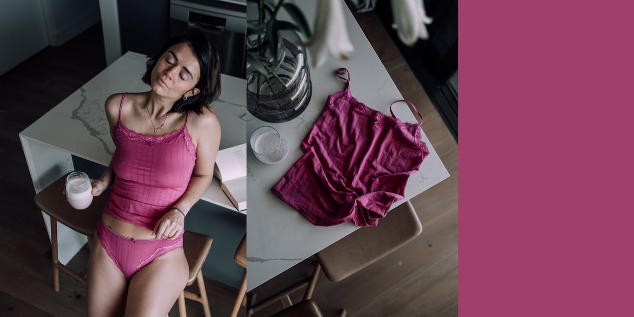 Bilder von Nina auf denen sie ein Set der Serie Etude Toujours in Farbe pink trägt.