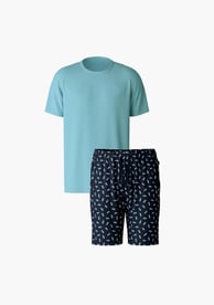 Gemusterte Herren Nachtwäsche Oberteile und Unterteile in Blautönen mit Booten.