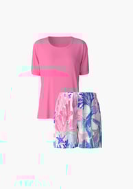 Damen Nachtwäsche Oberteile und Unterteile der Serie Coastl Dreams in Rosa- und Blautönen.