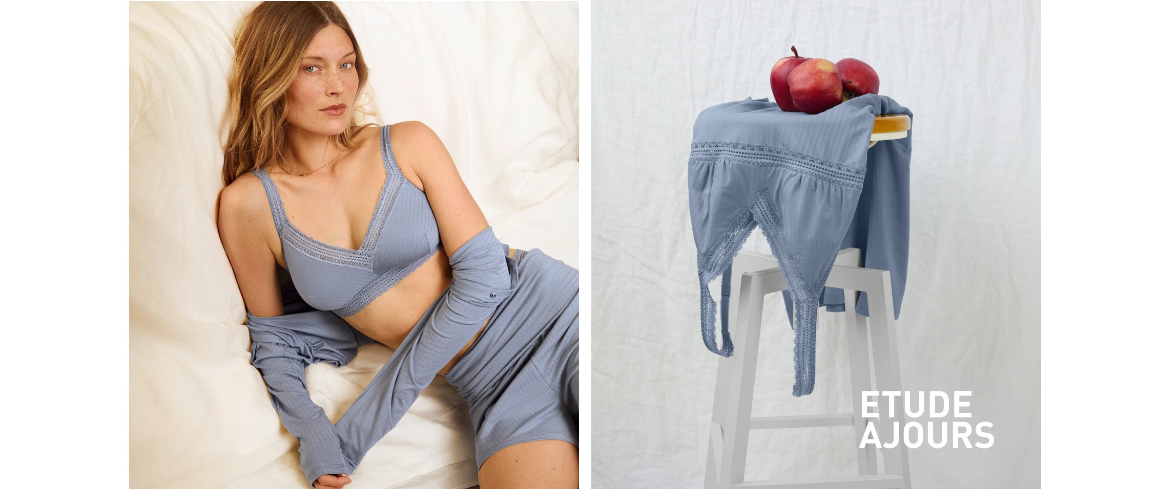 La femme porte un short et un t-shirt à manches longues de la série Etude Ajours.