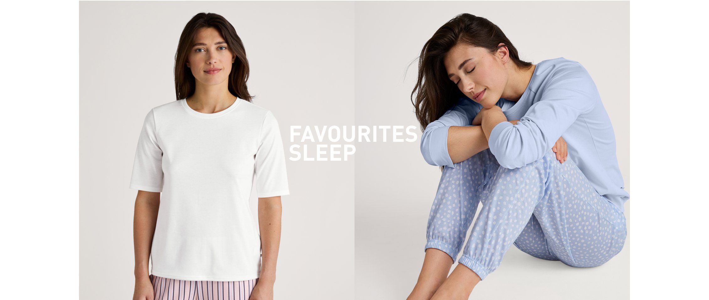 La femme porte la série de vêtements de nuit Favourites Sleep, pour des combinaisons variées.