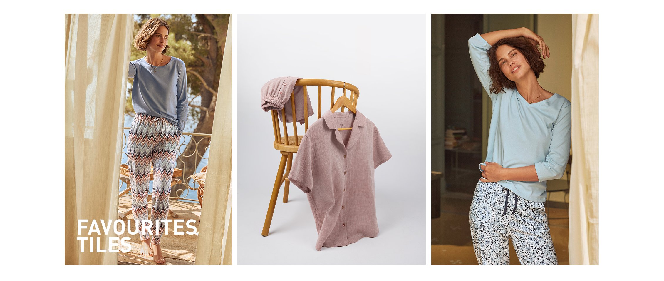 La femme porte un pyjama de la série Favourites Tiles.