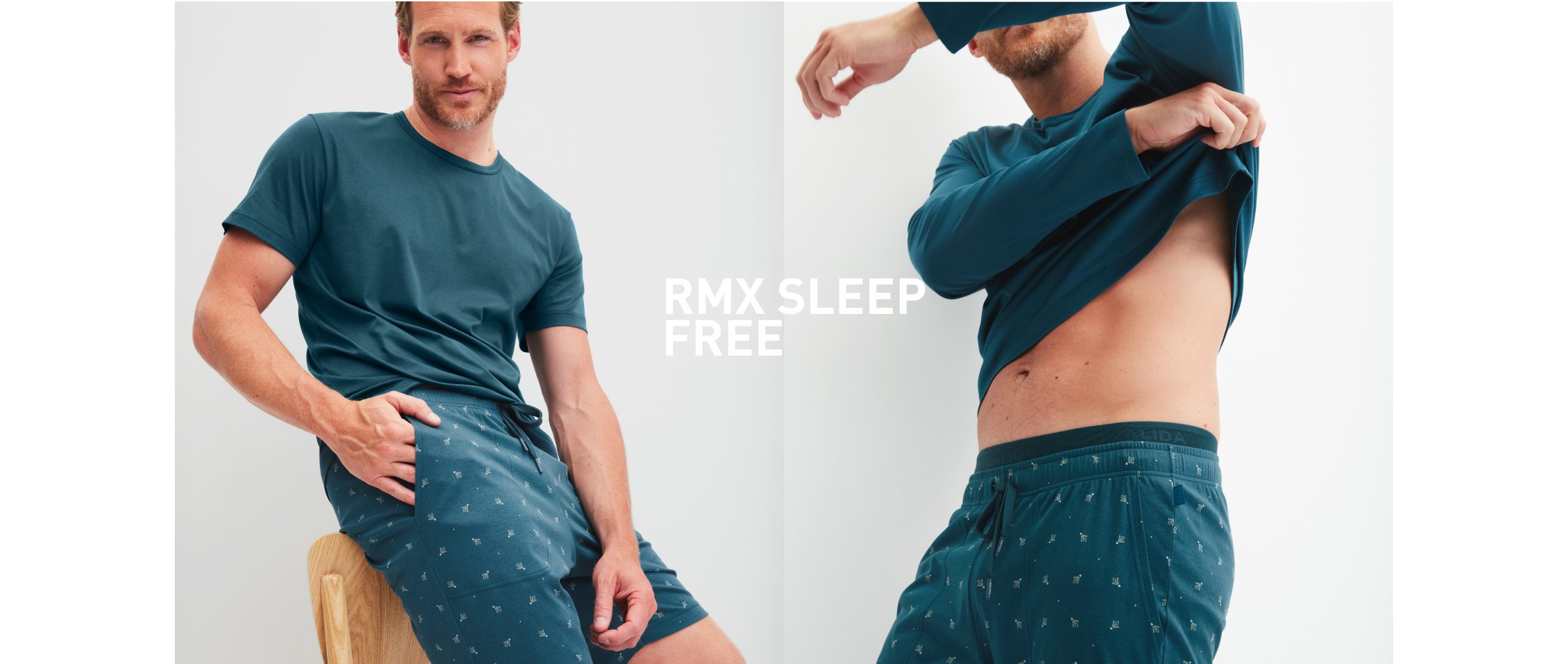 L’homme porte un pyjama court de la série RMX Sleep Leisure.
