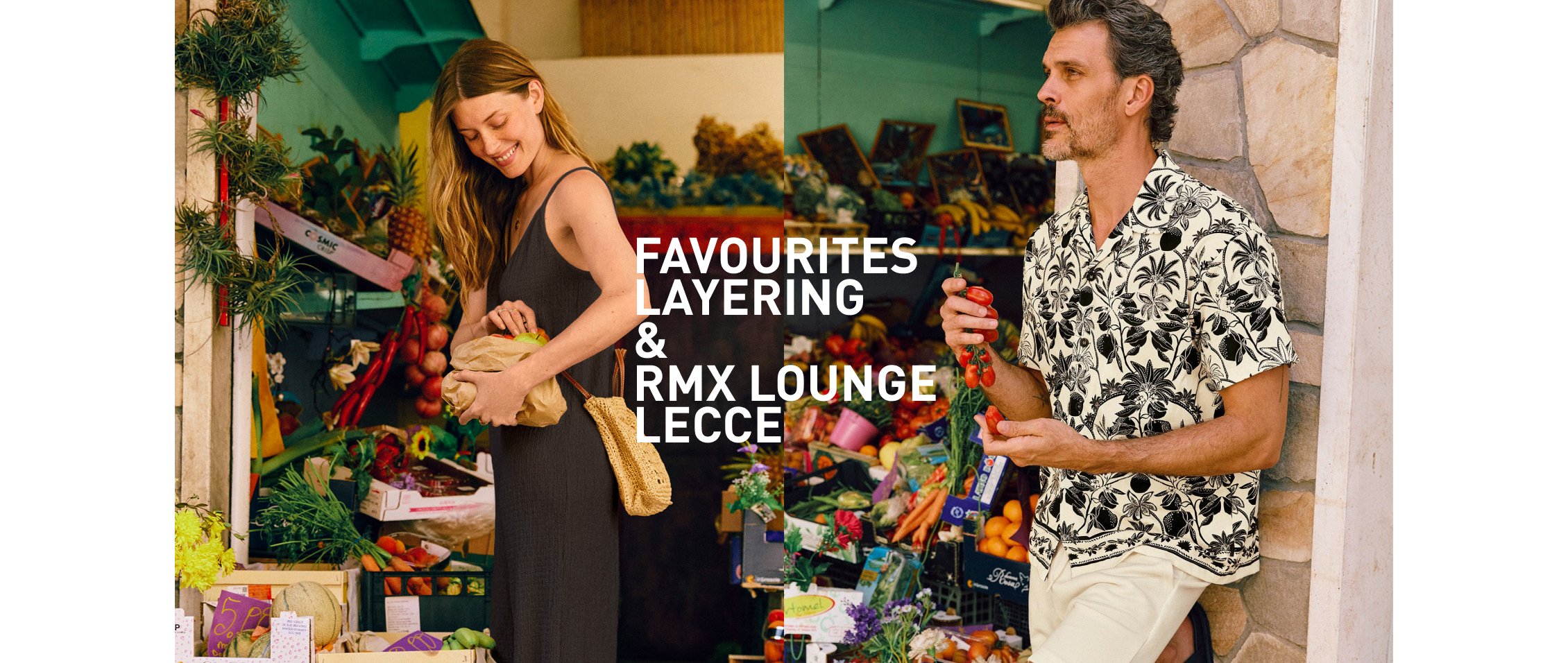 La femme porte une combinaison noire de la collection Favourites Layering. L'homme porte une chemise boutonnée sur toute la longueur et un bermuda assorti de la collection RMX Lounge Lecce.