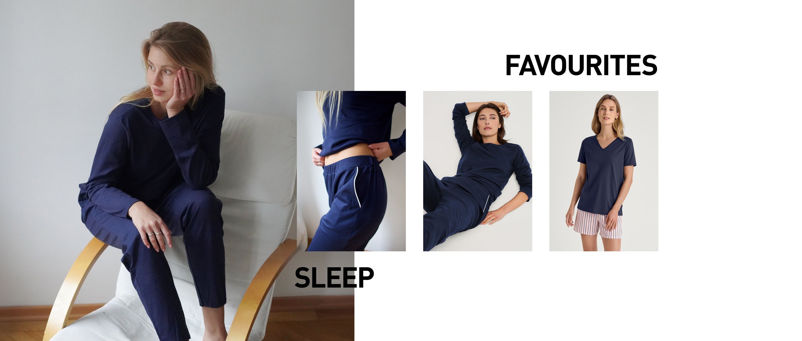 Une femme porte la série de vêtements de nuit Favourites Sleep bleu foncé, pour de multiples combinaisons.