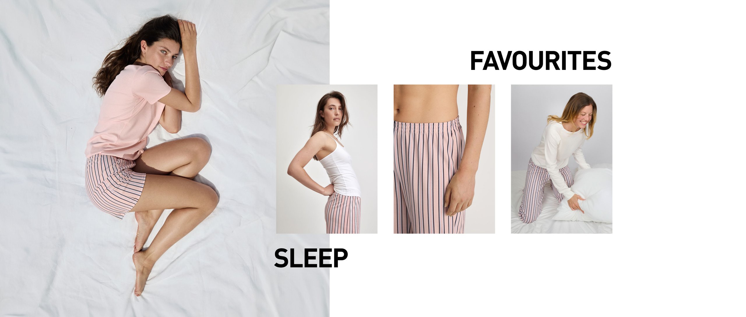 Une femme porte un pyjama issu de la collection de vêtements de nuit Favourites Sleep Rosa au design discret.