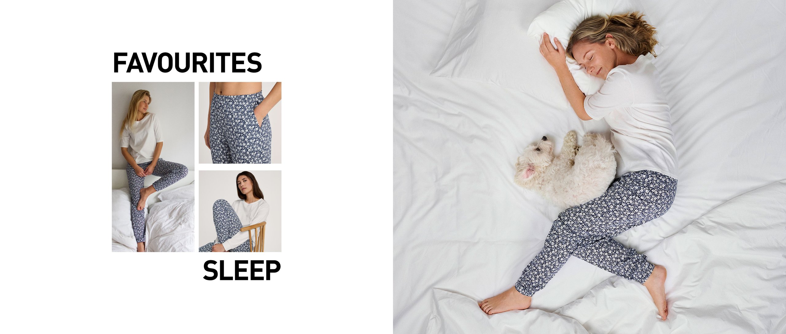 Une femme porte un pyjama issu de la collection de vêtements de nuit Favourites Sleep Bleu avec motif floral.