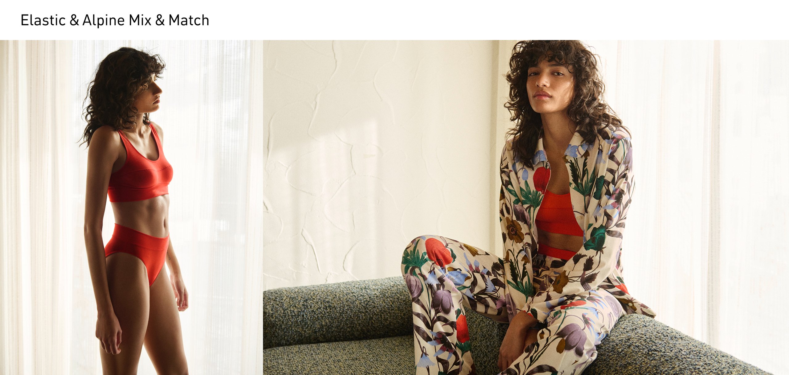 Collage: Links trägt das Model einen durchgeknöpften Pyjama der Serie Alpine M&M mit floralem Muster und lebendigen Farbakzenten. Darunter kombiniert sie ein Elastic Bustier mit passendem Slip in Grenadine-Rot. Rechts steht das Elastic Set im Fokus.