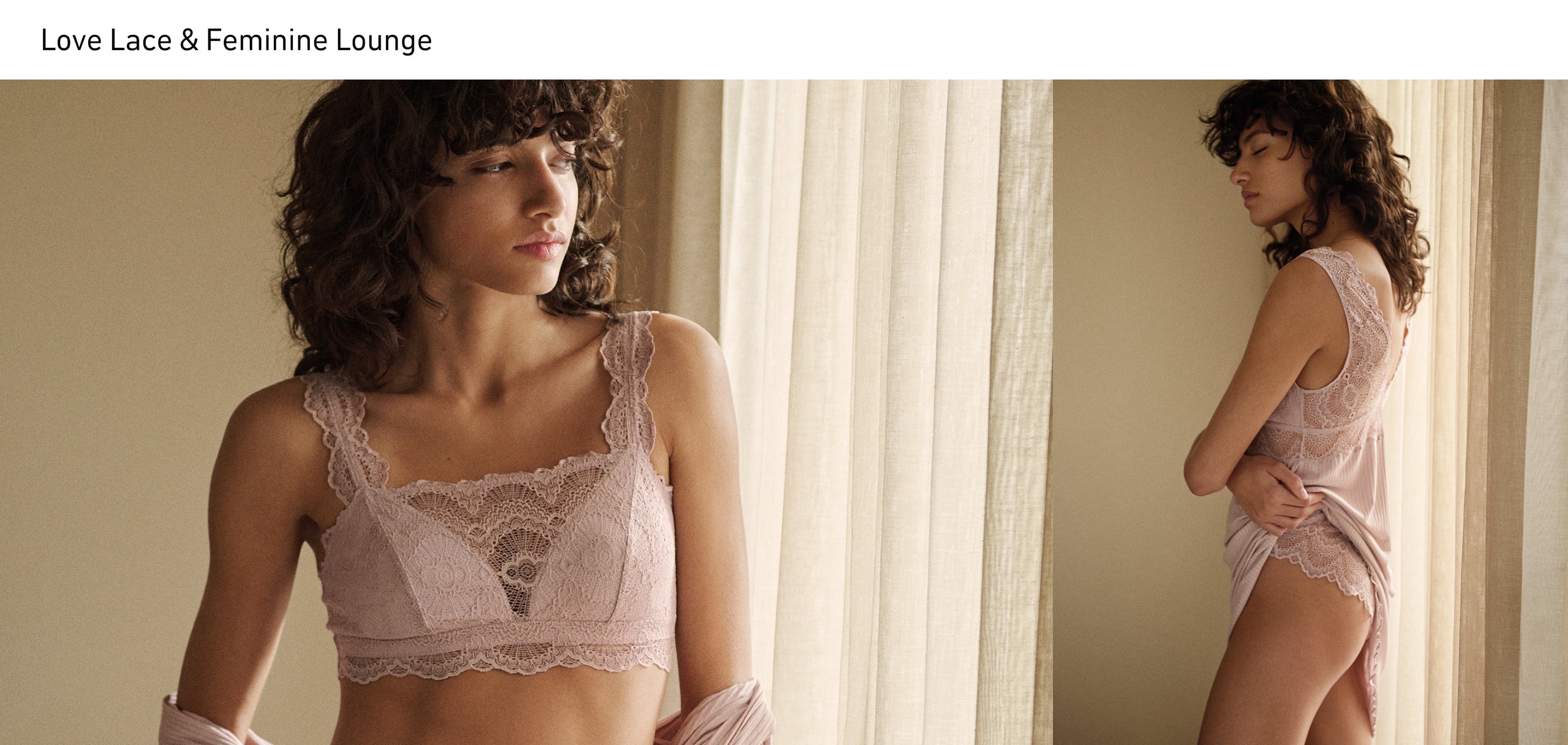 Zu sehen ist eine Collage: Links ein Spitzen-Bustier aus der Serie Love Lace, rechts trägt die Dame ein Nachthemd aus TENCEL™ Modal der Serie Feminine Lounge mit einem High-Waist-Slip aus der Serie Love Lace.