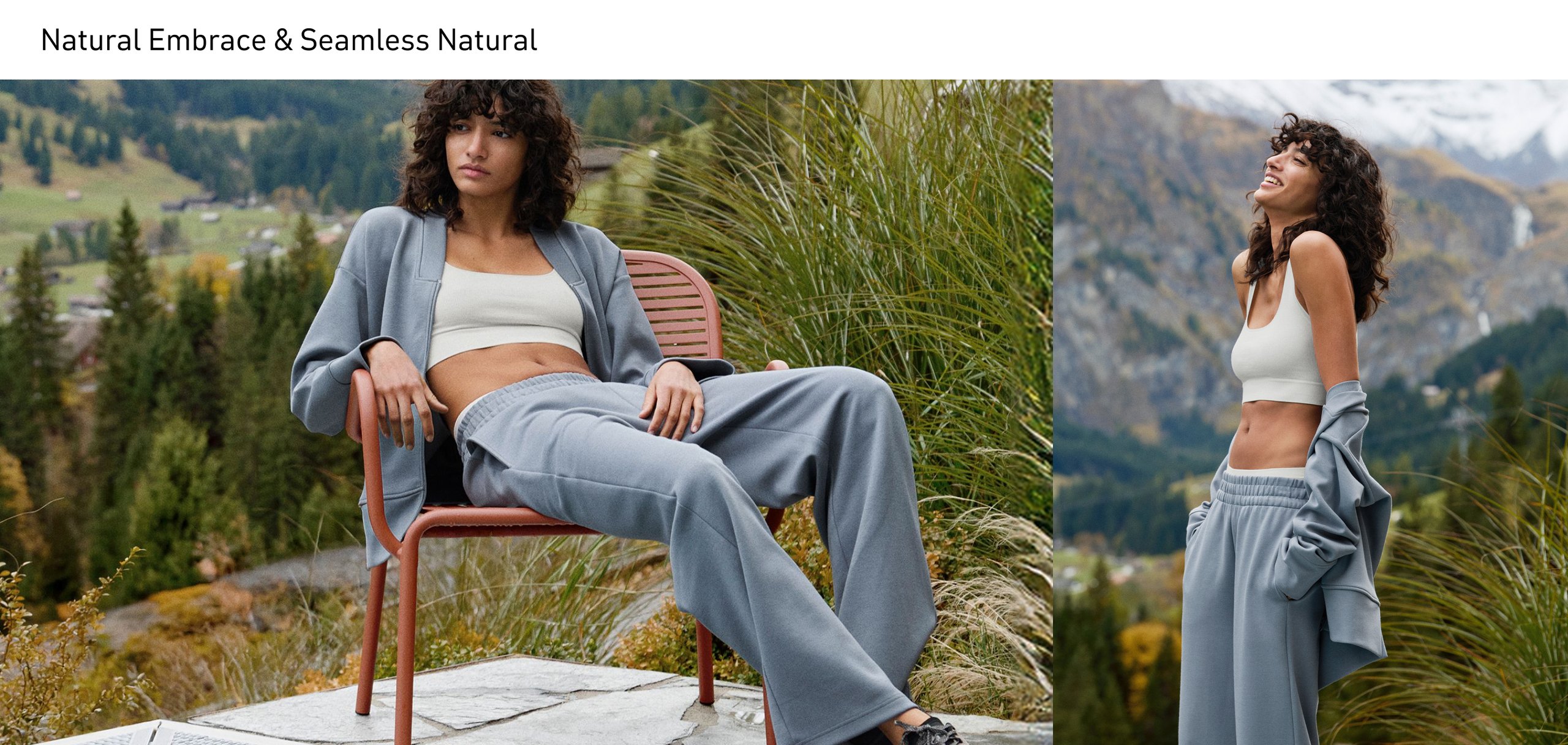 Die Dame trägt eine Lounge-Kombination aus Jacke und Sweatpants mit Taschen der Serie Natural Embrace in Grau, kombiniert mit einem weißen Bustier der Serie Seamless Natural.