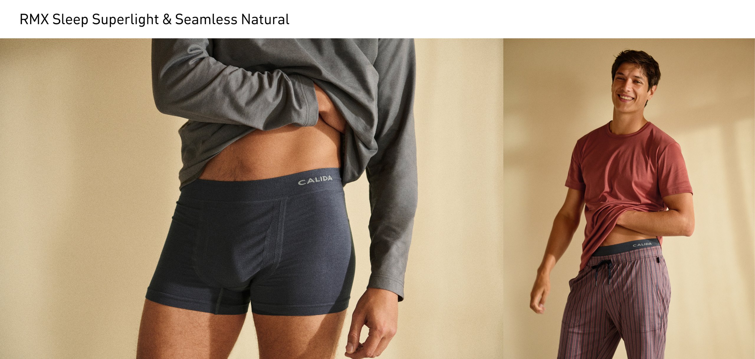 Collage: Links steht der Boxer Brief der Serie Seamless Natural mit sportivem Softgummibund im Fokus. Rechts trägt das Model ein Kurzarm-Pyjama-Set aus der Serie RMX Sleep Superlight mit Bermudas in feiner Streifenoptik.