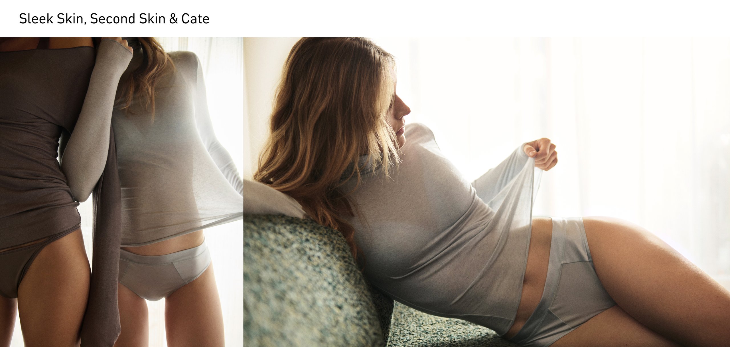 Collage: Zwei Models tragen das transparente Longsleeve der Serie Second Skin in Braun und Blau, kombiniert mit Wäsche aus den Serien Sleek Skin und Cate. Rechts stehen das Second-Skin-Shirt und das Cate-Set im Fokus.