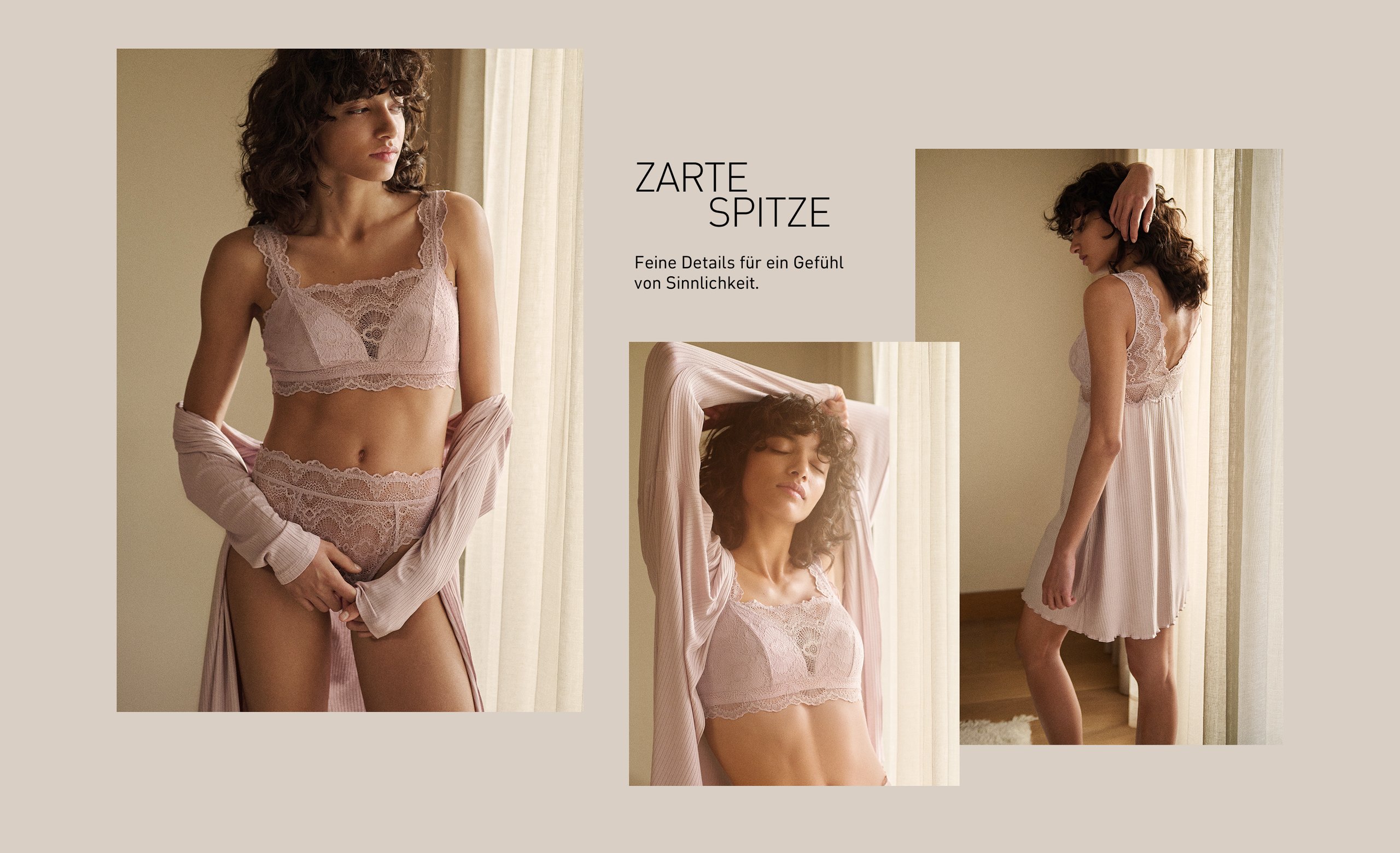 Frau trägt zarte CALIDA Lingerie in Rosé aus feiner Spitze – Bralette, Slip und Nachtkleid mit eleganten Details, fotografiert in warmem Licht für ein Gefühl von Sinnlichkeit und Leichtigkeit.