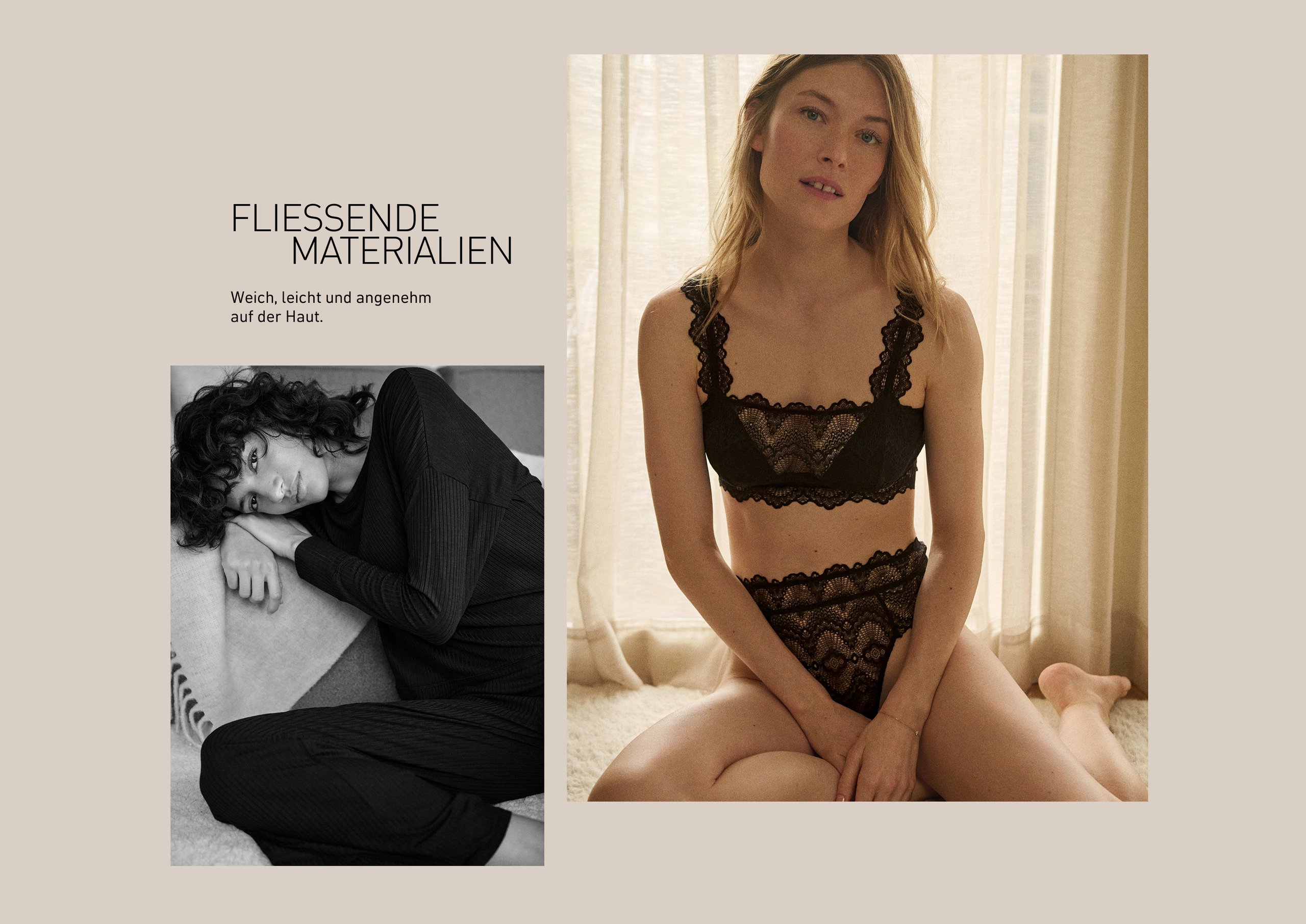 Zwei Frauen präsentieren CALIDA Lingerie in Schwarz – eine trägt ein langärmeliges, fließendes Outfit, die andere ein zartes Spitzen‑Set mit Bralette und High‑Waist‑Slip. Die Szene zeigt weiche Materialien und elegante Sinnlichkeit im warmen Licht.