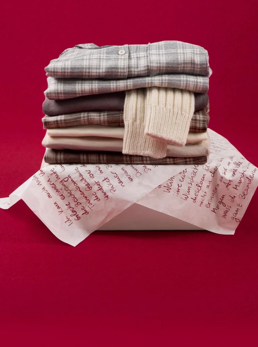 Warming nightwear and homewear in winter materials, decoratively presented as a gift idea.