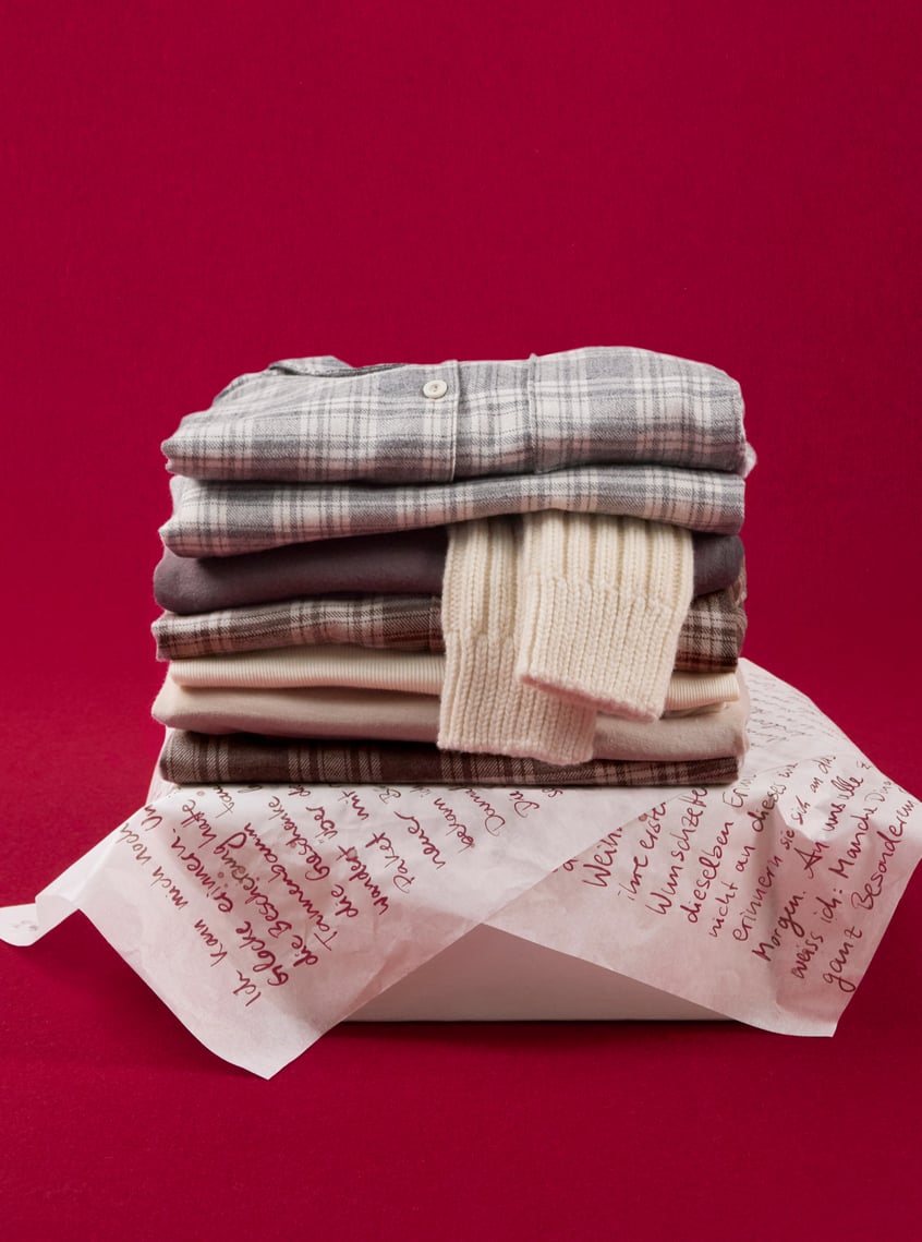 Warming nightwear and homewear in winter materials, decoratively presented as a gift idea.