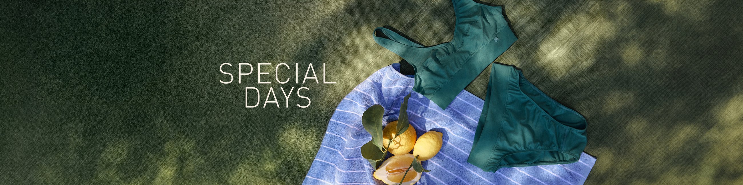 Collage of a dark green underwear set in a summery mood. The picture says Special Days.