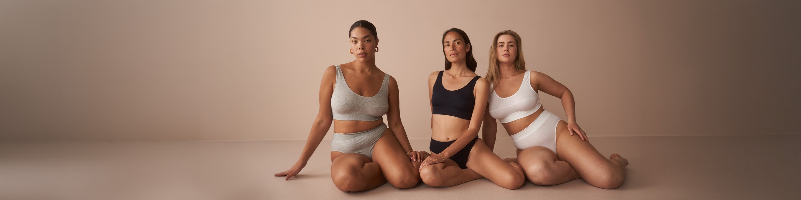 Three women sit in front of a brown background, wearing a bustier and briefs from the Elastic lingerie series in 3 colors
