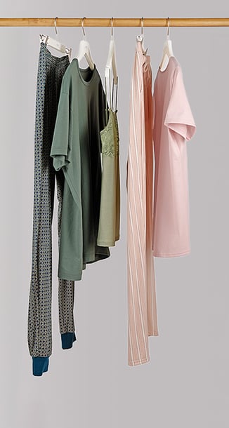 The picture shows women’s and men’s nightwear and underwear on a clothes rail.