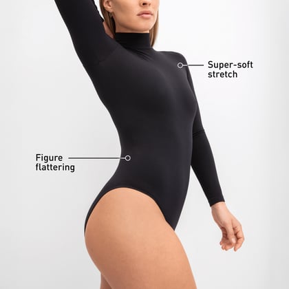 A model wears the long-sleeve bodysuit from the Seamless Shape collection