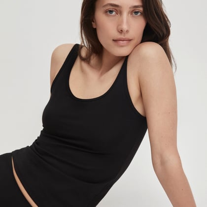 Model is wearing a black set of underwear from the series natural comfort.