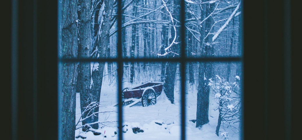 Verschneiter Wald mit altem roten Wagen, durch ein Fenster betrachtet – ruhige Winterstimmung als Symbol für den Winterblues