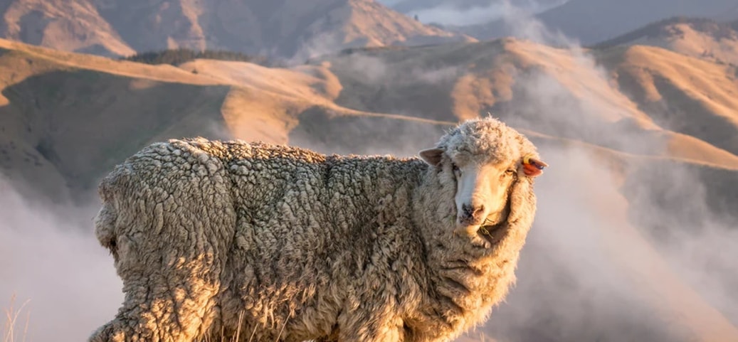 Sheep looking at the camera. In the background you can see hills.