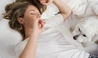 Persona sdraiata in un letto bianco che indossa una maglietta CALIDA bianca e pantaloni del pigiama CALIDA con motivo; piccolo cane bianco rannicchiato vicino, scena mattutina calma