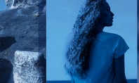 The picture shows a woman from behind, surrounded by a bluish tone that creates a cool atmosphere. She is wearing clothing from the CALIDA DEEPSLEEPWEAR COOLING collection, which was specially developed for heat. The woman's relaxed pose conveys comfort and calm, while representing the perfect clothing for hot nights.