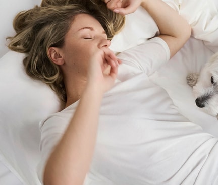 Personne allongée dans un lit blanc portant un t-shirt CALIDA blanc et un bas de pyjama CALIDA à motifs ; petit chien blanc blotti proche, scène matinale calme