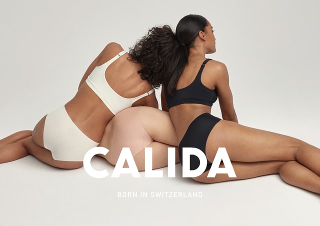 Three ladies with their backs visible. CALIDA lettering with the subtitle ‘Born in Switzerland’.